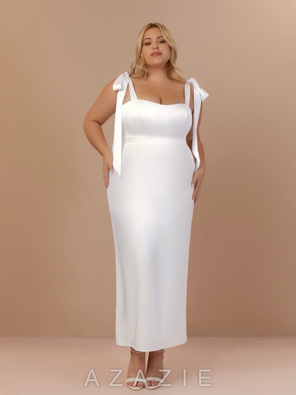 Azazie White Midi Dress with Tie-Shoulder Straps plus size size 26w